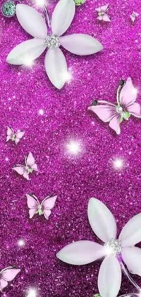 This stunning phone live wallpaper features a purple background adorned with delicate white flowers and fluttering butterflies