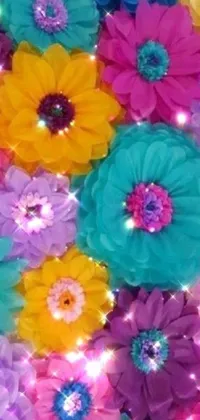 This phone live wallpaper showcases a stunning array of colorful flowers, crystal lights, glowing paper lanterns, and flying butterflies against a picturesque fairy background