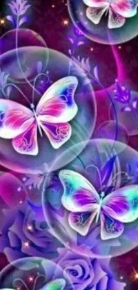 This vibrant live wallpaper showcases a beautiful Lisa Frank design of colorful butterflies resting on an array of colorful flowers within a dreamy soap bubble background