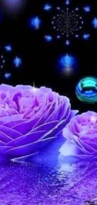 This phone live wallpaper showcases a group of purple roses floating on a serene blue water body