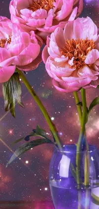This phone live wallpaper comes with a 4k detail that displays three pink peonies elegantly placed in a glass vase