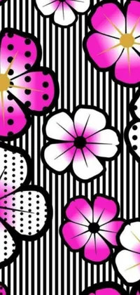 This live wallpaper features a black and white striped background with vibrant pink flowers, playful toyism motifs, and traditional yukata clothing elements
