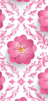 This stunning phone live wallpaper features a pink flower pattern on a white background, with ultra-detailed 3D 8K resolution
