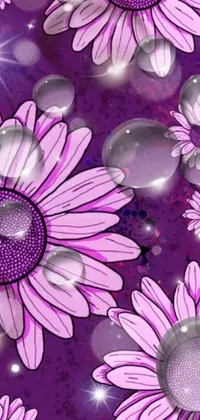 This phone live wallpaper features purple flowers against a purple background