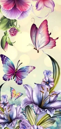 This phone live wallpaper showcases a digital art painting of vibrant flowers and butterflies, perfect for nature lovers