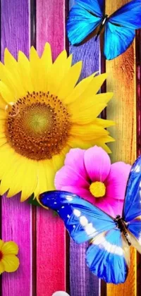 Add a pop of color to your Android phone with this stunning live wallpaper featuring a wooden fence adorned with colorful flowers and fluttering butterflies