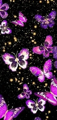 This animated phone live wallpaper features a stunning group of purple butterflies fluttering against a dark black background