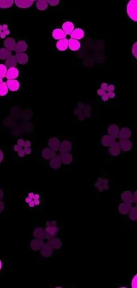 This live phone wallpaper features a digital art pattern of purple flowers on a black background