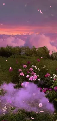This live wallpaper depicts a stunning field of colorful flowers set against a backdrop of a breathtaking sunset and a moonlit purple sky