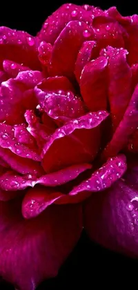 This live wallpaper for your phone features a gorgeous pink rose with water droplets on its petals set against a black background