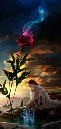 This phone live wallpaper features a serene scene of a woman resting on a rock beside a blooming flower