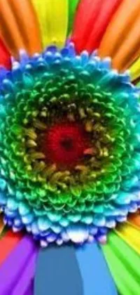 This stunning phone live wallpaper showcases a giant daisy flower in vibrant rainbow colors, creating a psychedelic work of art