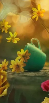 The phone live wallpaper features a serene scene, including a tea cup and flowers set on a wooden table in distinctive shades of green and yellow
