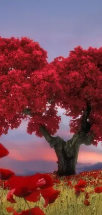 Enjoy the beauty of nature on your phone with this stunning live wallpaper featuring a red tree amidst a field of vibrant red flowers