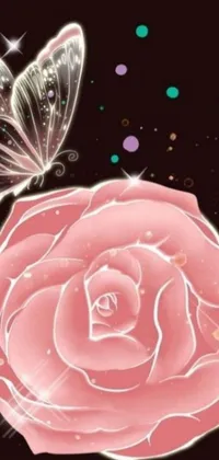 This phone live wallpaper showcases a stunning digital creation of a pink rose and a butterfly gracefully hovering in front of a black background