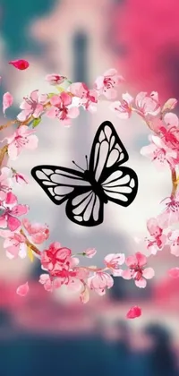 Get a stunning phone live wallpaper with a beautiful butterfly resting on top of a pink flower while cherry blossom petals gently fall all around it