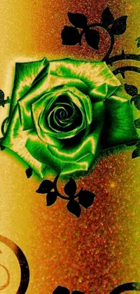 This live wallpaper features a vibrant green rose set against a golden background adorned with colorful flowers