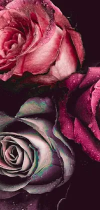 This phone wallpaper features beautiful pink roses with water droplets in shades of purple and scarlet
