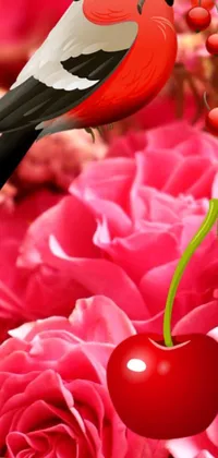 This stunning phone live wallpaper features a delightful bird sitting atop a bouquet of red cherries