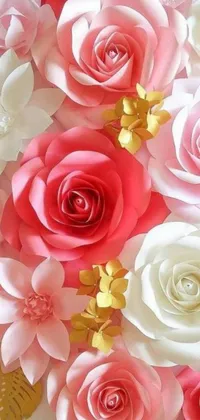 This phone live wallpaper showcases a breathtaking and intricately-designed bunch of paper flowers set against a beautiful rose-patterned background