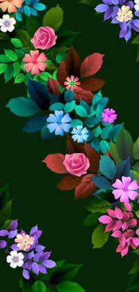 This phone live wallpaper depicts a stunning digital painting of colorful flowers against a dark patterned background