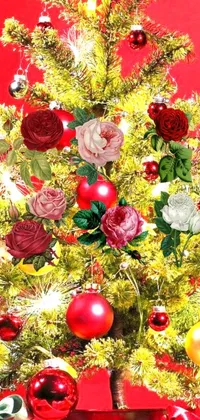 This vibrant Christmas phone live wallpaper features a stunning red background with a colorized photo of a beautifully decorated tree