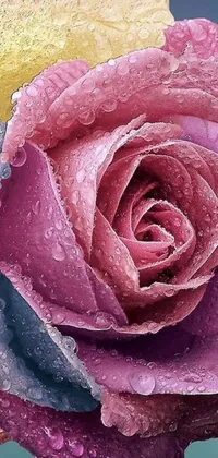 This phone wallpaper depicts a close-up of a colorful flower with intricately detailed water droplets on its petals