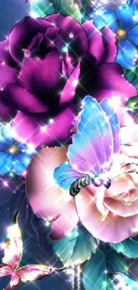 This phone live wallpaper features intricate digital art of flowers and butterflies, set against a beautiful blue background