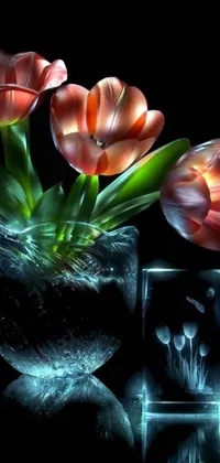 This stunning phone live wallpaper is a piece of digital art that features a close-up view of a vase filled with tulips