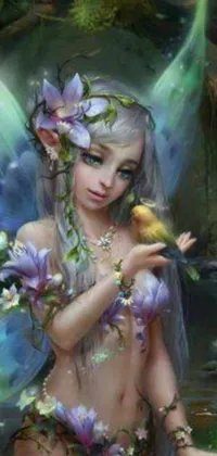 This mobile wallpaper features a captivating image of a fairy holding a bird in her hand, set against a background of a beautiful painting depicting friends