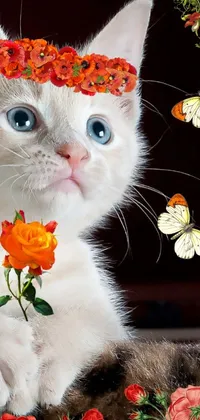 Elevate your phone's aesthetic with this live wallpaper featuring a stunning close-up of an orange cat wearing a flower crown