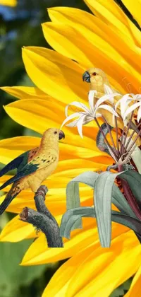This phone live wallpaper features two birds perched on top of a sunflower stem surrounded by lush tropical flowers