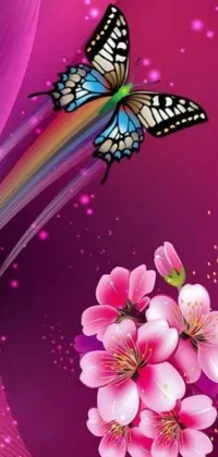 This phone live wallpaper features a beautiful butterfly flying over vibrant flowers in a vector art style