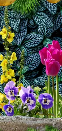 This live wallpaper showcases a lush garden filled with vibrant yellow and purple flowers