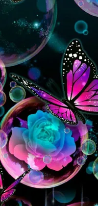 This dynamic wallpaper features a group of colorful butterflies resting atop floating bubbles in a digital art creation