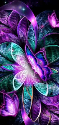 This stunning live wallpaper features a beautiful purple and blue flower on a black background, with intricate digital art rendering creating an exquisite design