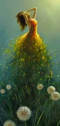This stunning live phone wallpaper features a beautiful painting of a woman wrapped in a yellow dress, standing amidst a picturesque field of dandelions