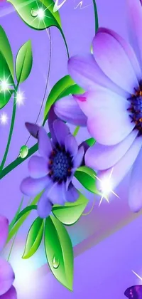 This phone live wallpaper boasts a beautiful digital art display featuring purple flowers and butterflies on a purple background