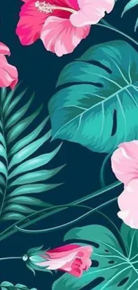 This live wallpaper features a serene blue background adorned with vibrant pink flowers and fresh green leaves