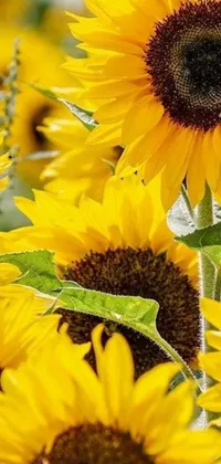 This live wallpaper for your phone features a delightful field of bright, yellow sunflowers, with green leaves swaying in the breeze