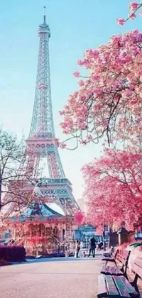 This live wallpaper for your phone features a colorful image of a park bench in Paris, with the Eiffel Tower seen in the background
