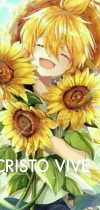 This phone live wallpaper showcases a captivating image featuring a cheerful girl holding sunflowers