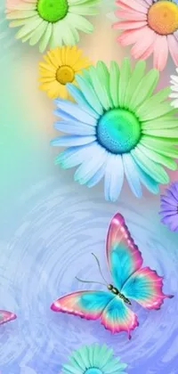 This phone live wallpaper features a stunning digital artwork of colorful flowers and butterflies floating in water