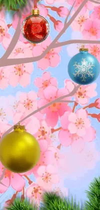 This gorgeous live wallpaper features a group of brightly colored Christmas ornaments hanging from a tree, surrounded by a breathtaking background of blooming sakura flowers