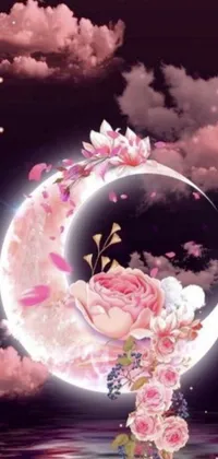 This phone live wallpaper depicts a serene and dreamy scene of a moon with delicate flowers floating in water rendered digitally