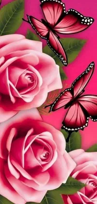 This stunning phone wallpaper showcases a beautiful digital painting of roses and butterflies on a pink background