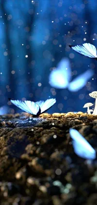 This live phone wallpaper features a group of blue butterflies circling around a mushroom