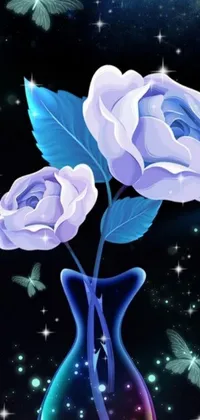 The phone live wallpaper features a beautiful digital painting of two roses in a vase by a talented artist on DeviantArt