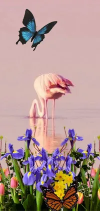 This phone live wallpaper features a vibrant pink flamingo standing in clear blue water, surrounded by colorful flowers and a delicate butterfly