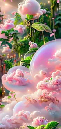 Add a touch of enchantment to your phone's home screen with this stunning live wallpaper! A cluster of pink flowers rests upon a vivid green field, while an ethereal landscape of foam bubbles and a dreamy cafe in the clouds float gently in the background
